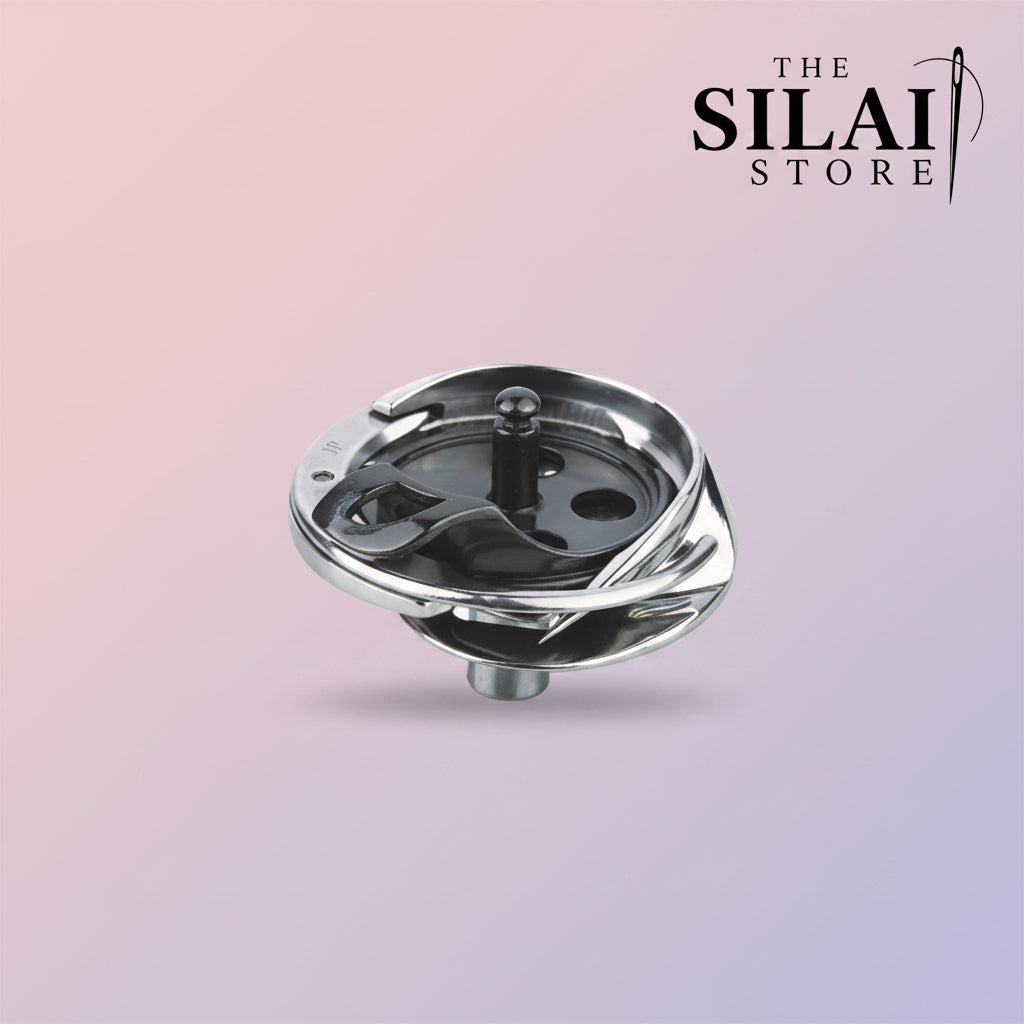 A polished chrome metal pulley or sheave wheel with a black inner bearing housing, isolated on a solid white background.