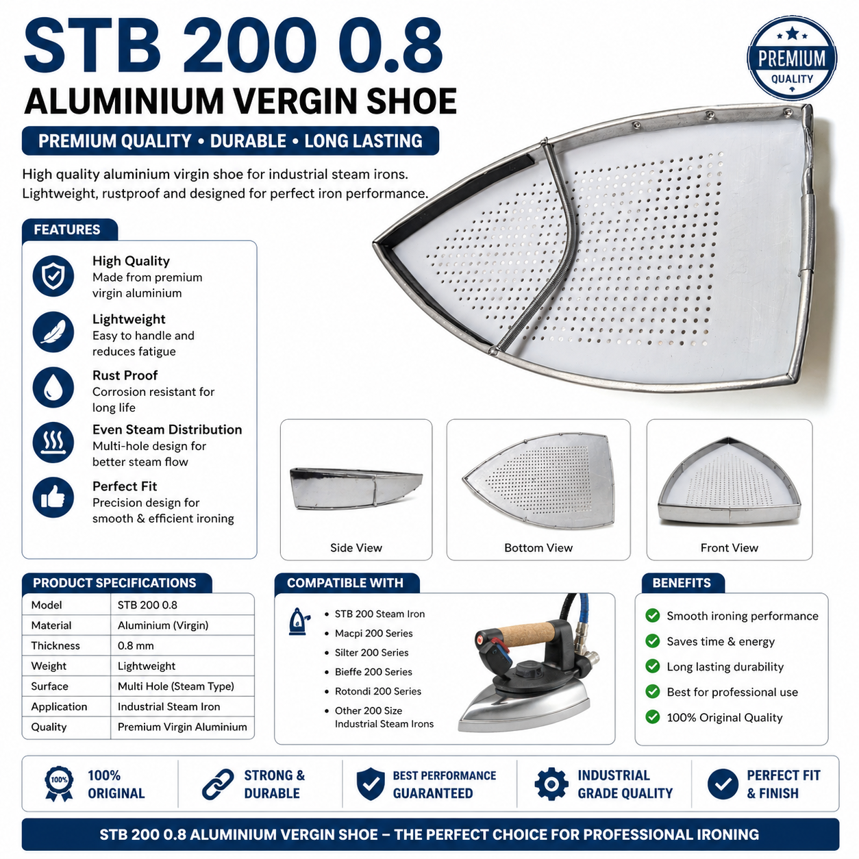 STB 200 Iron Shoe 0.8mm Aluminium Virgin | Industrial Steam Iron Shoe Plate | Heavy Duty Pressing Spare Part